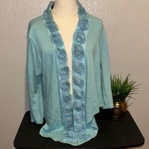 Beige by eci Light Turquoise Cardigan with Floral Trim